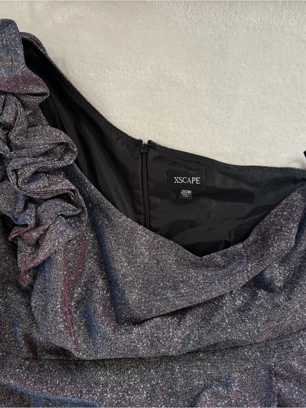 Xscape Girls One-Shoulder Sparkle Dress in Black with Pink & Blue Streaks - Picture 3 of 7